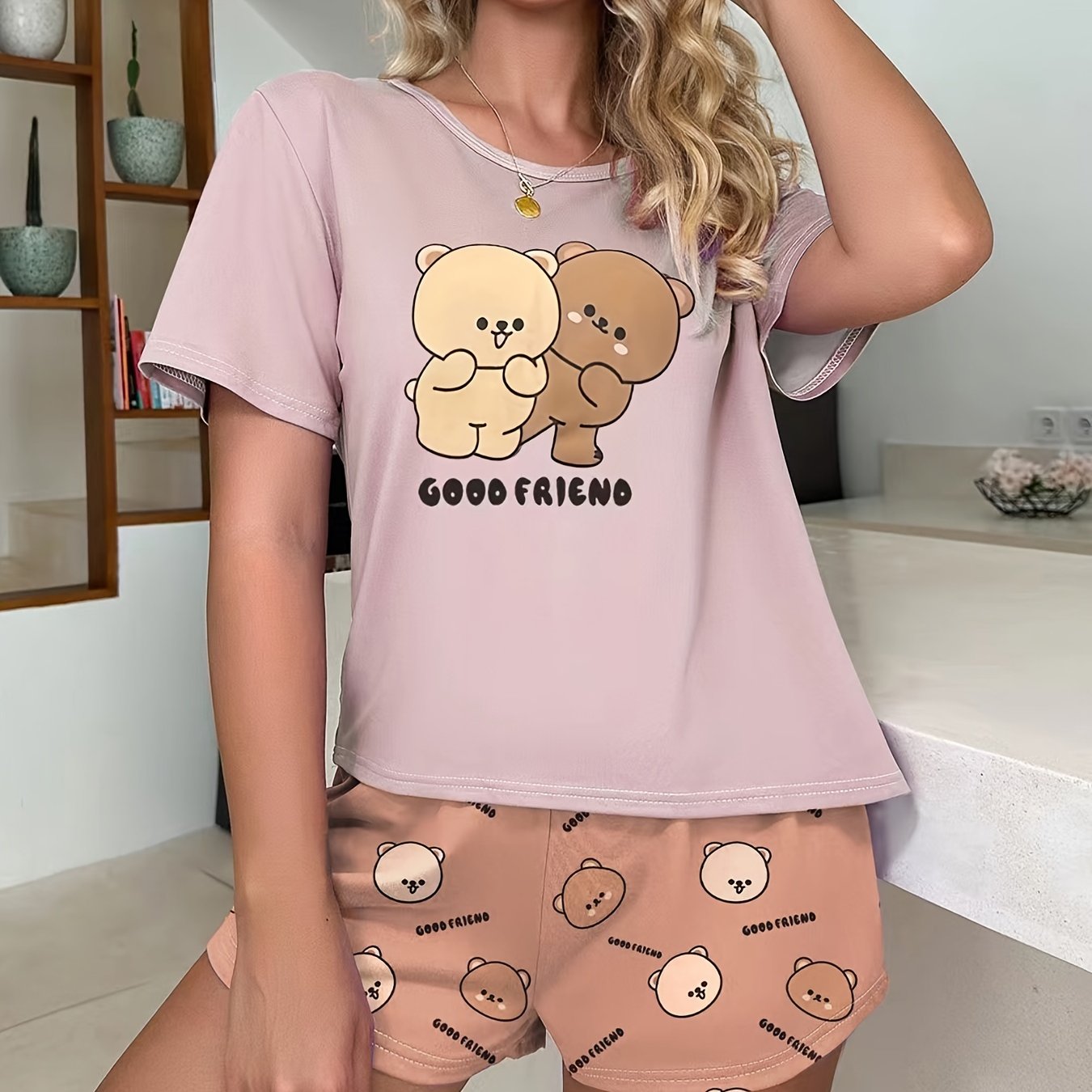 Bear Print Pajama Set Short Sleeve Top & Shorts Women's Sleepwear