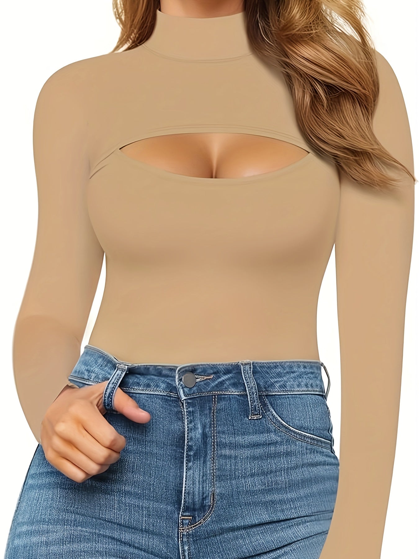 Sexy Cut Out High Neck Bodysuit Long Sleeve Slim Fit