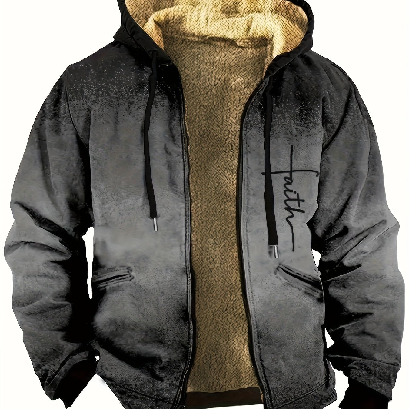 Men's Faith Pattern Gradient Plush Thick Winter Hooded Coat