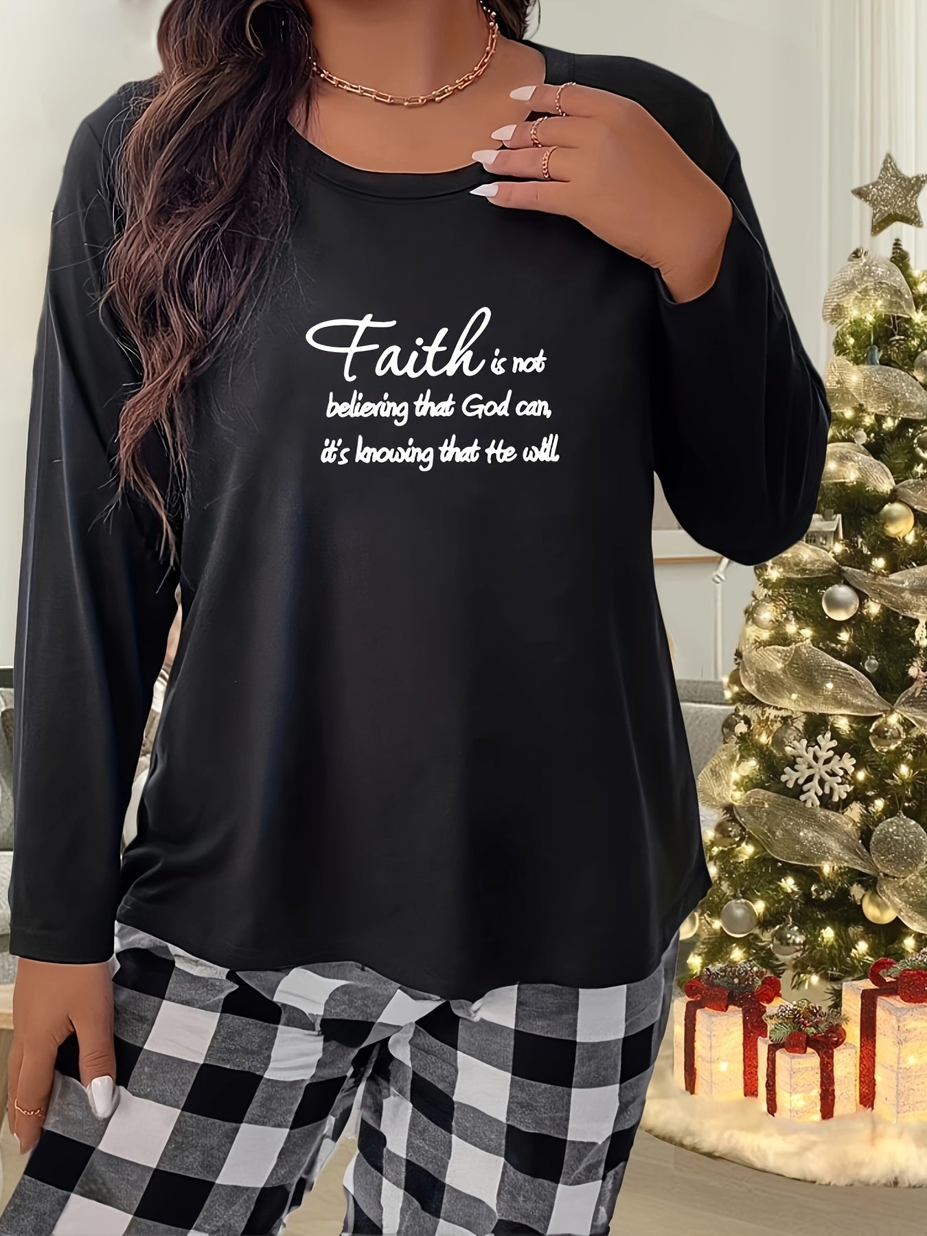 Women's Plus Letter Graphic Long Sleeve Crew Neck Stretch Tee for Home Wear