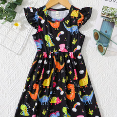 Girls' Fun Dino Cartoon Dress Short Sleeve Comfy Casual Party Vacation Kids Gift