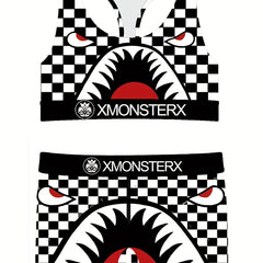 Girls Monster Graphic Plaid Activewear Set - Top & Shorts