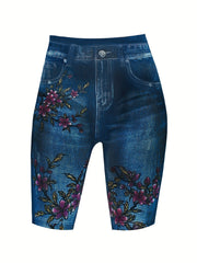 Flower Print Slim Leggings Casual Skinny Shorts Leggings