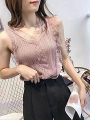 Lace Trim V Neck Tank Top Sleeveless Summer Casual Women's Clothing