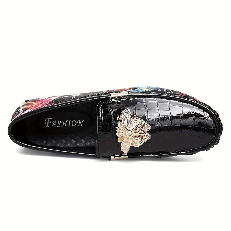 Floral Print Loafers Metal Decor Slip On Shoes Low Top Flat Shoes