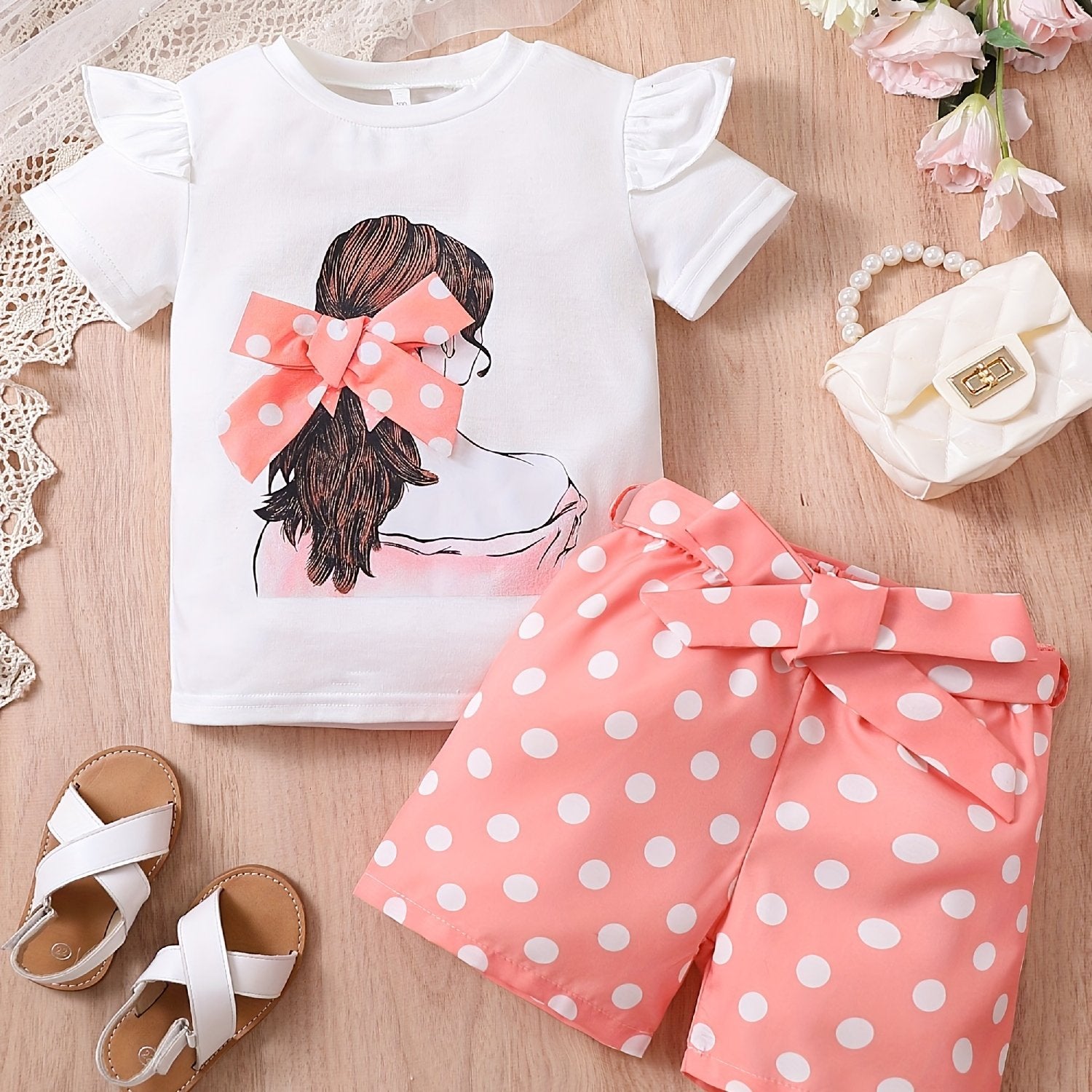 2pcs Toddler Girls Bow Figure Ruffle Trim T Shirt & Polka Dot Belted Shorts Set