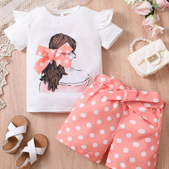 2pcs Toddler Girls Bow Figure Ruffle Trim T Shirt & Polka Dot Belted Shorts Set