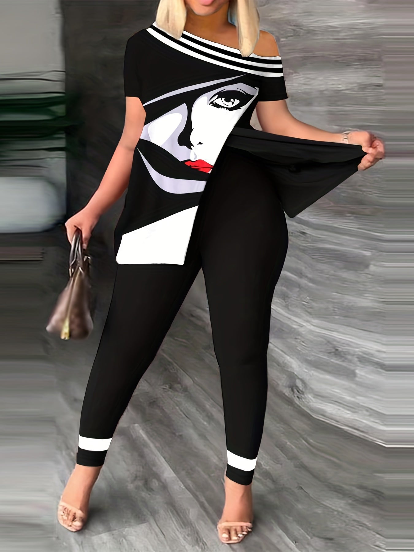 Portrait Print Cold Shoulder Top & Skinny Pants Set