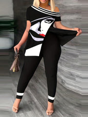 Portrait Print Cold Shoulder Top & Skinny Pants Set