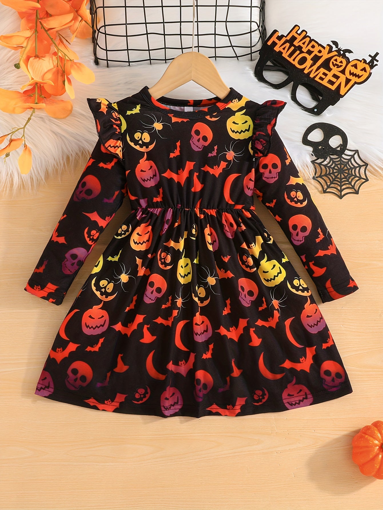 Stylish Dinosaurs Full Print Long Sleeve Dress For Girls