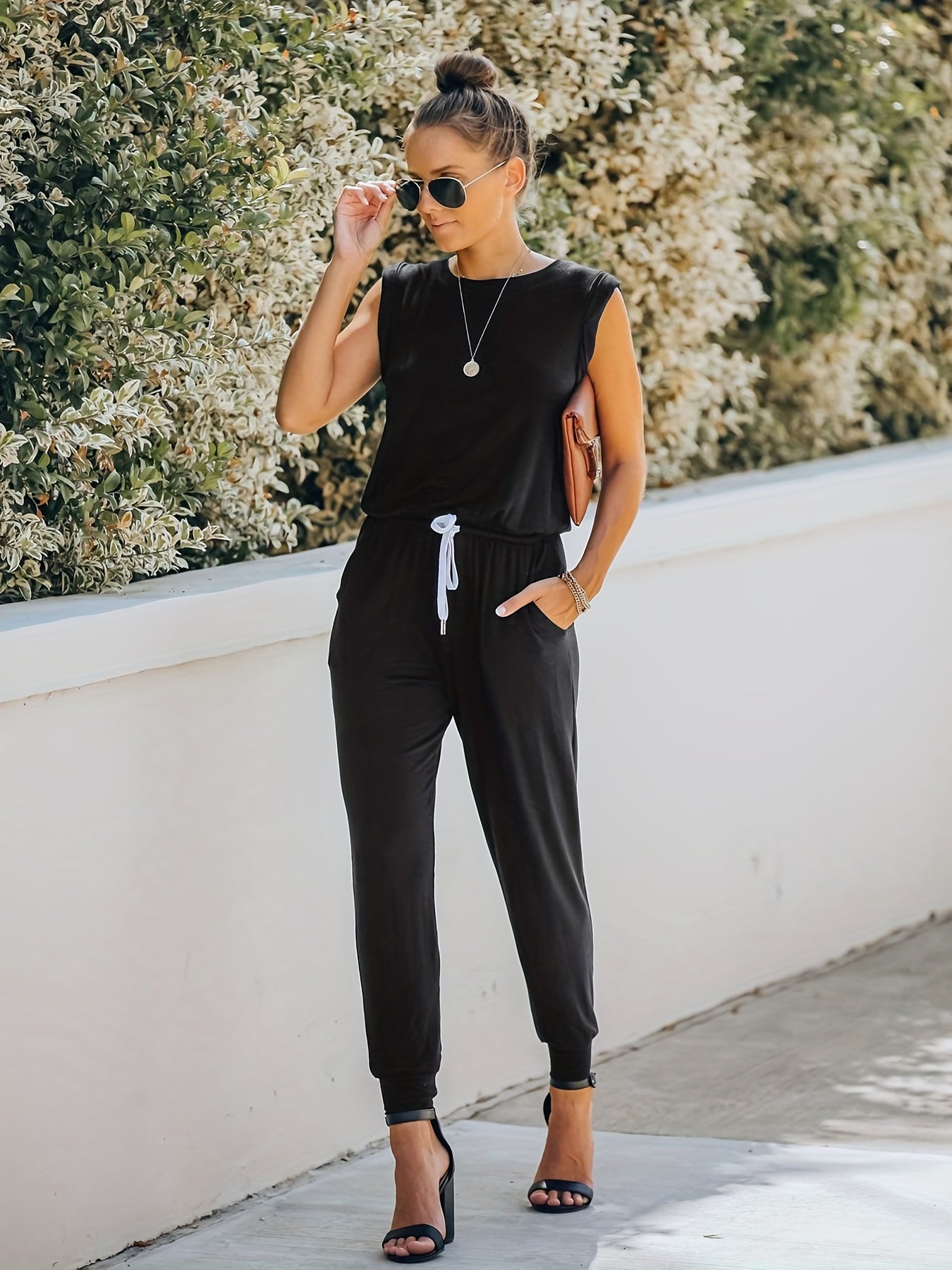 Solid Drawstring Jumpsuit Crew Neck Elastic Waist Women's Clothing