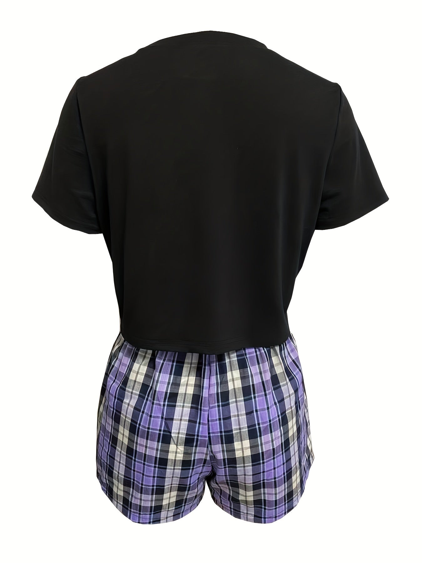 Colorblock Plaid Pajamas Set Short Sleeve Crew Neck Top & Shorts