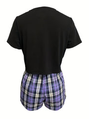 Colorblock Plaid Pajamas Set Short Sleeve Crew Neck Top & Shorts
