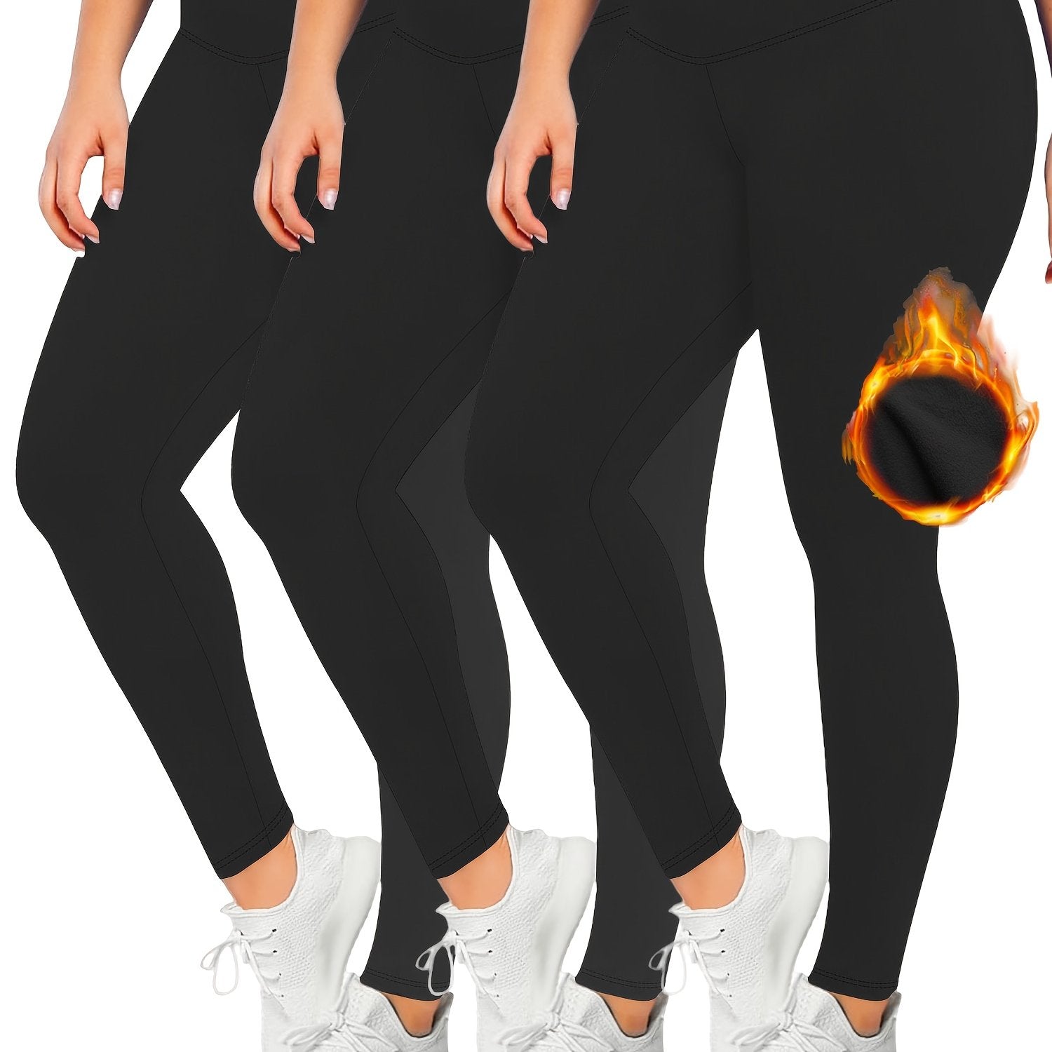 3 Pack Plus Size Casual Leggings Set Women's Plus Solid Liner Fleece