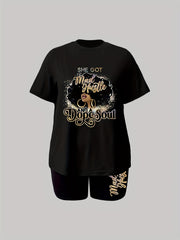 Casual Outfits Set Women's Plus Slogan & Figure Print 2 Piece Set