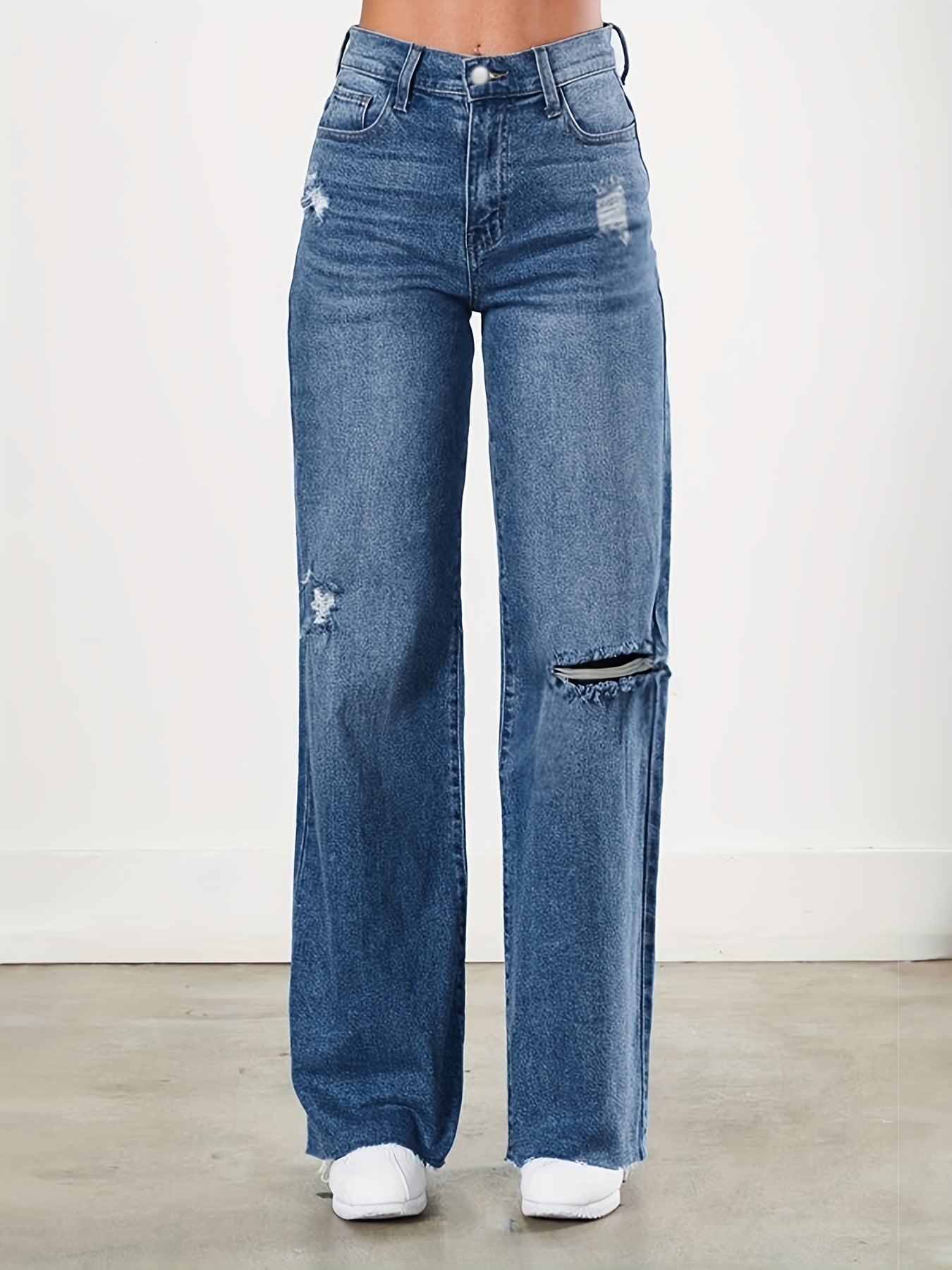 Raw Cut Straight Jeans Loose Fit Ripped Holes Non Stretch Casual Wide Legs Jeans