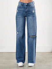 Raw Cut Straight Jeans Loose Fit Ripped Holes Non Stretch Casual Wide Legs Jeans