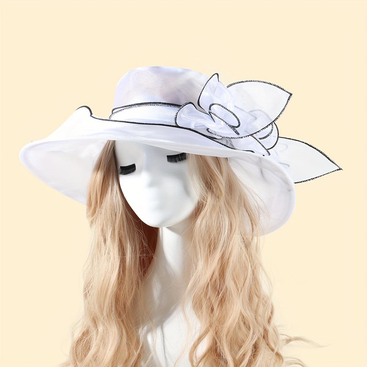 Wide Brim Sun Hat Organza Bridal Wedding Hat 3D Flower Church Hat