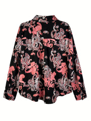 Women's Plus Paisley Floral Print Long Sleeve Boho Blouse