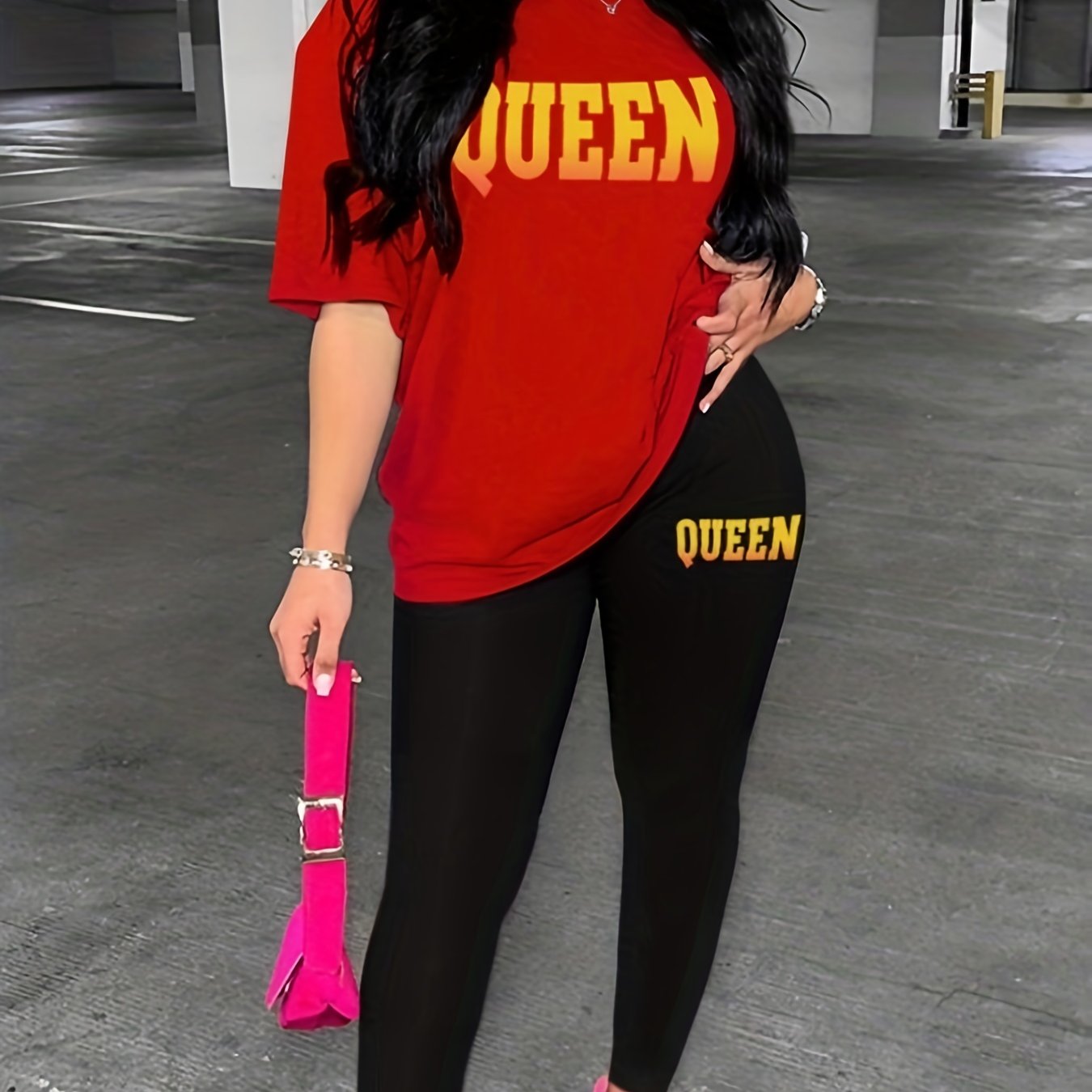 Queen Print Two piece Set Crew Neck Tee & Slim Pants