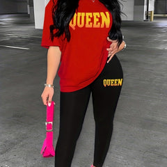 Queen Print Two piece Set Crew Neck Tee & Slim Pants