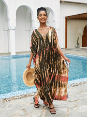 Tie Dye Striped Bat Sleeve V Neck Beach Cover Up