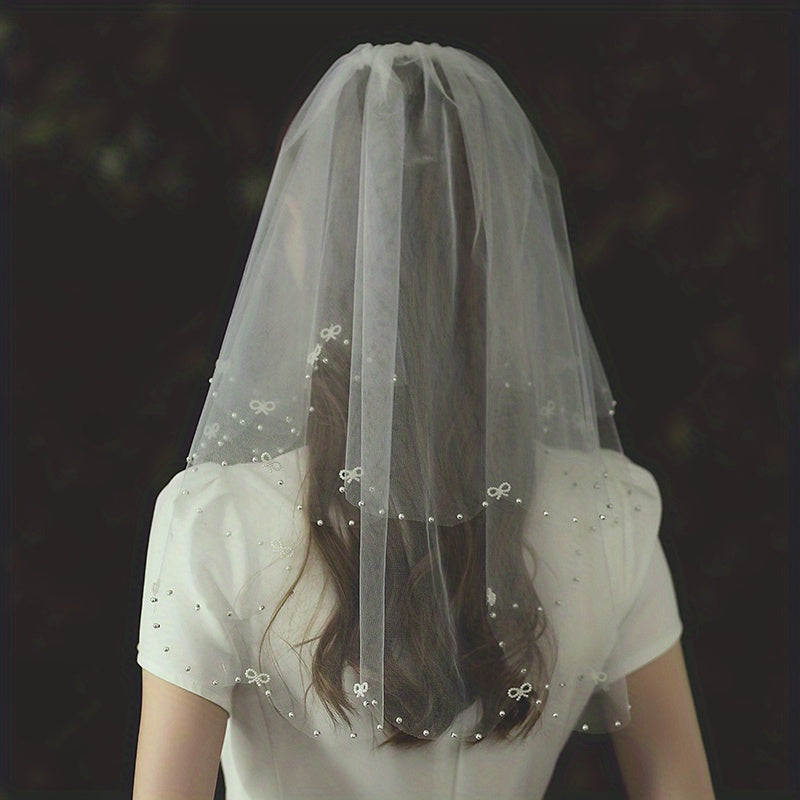 Double Layer Bridal Head Veil Comb Faux Pearl Wedding Hair Accessory