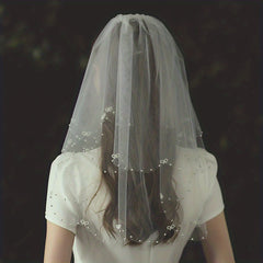 Double Layer Bridal Head Veil Comb Faux Pearl Wedding Hair Accessory