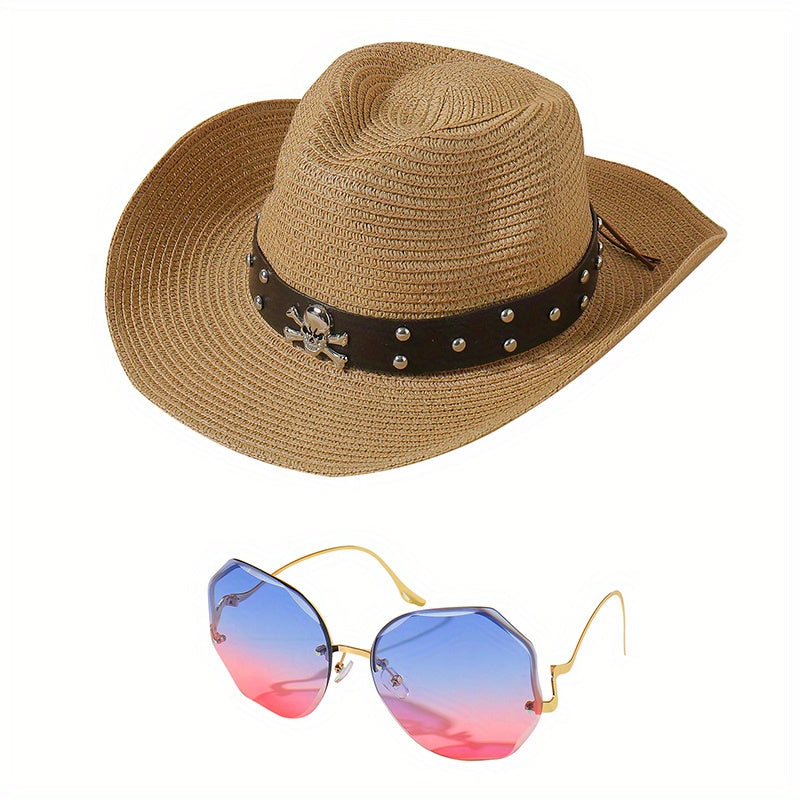 Cowboy Hat & Sunglasses Set Skull Belt Straw Sun Hat