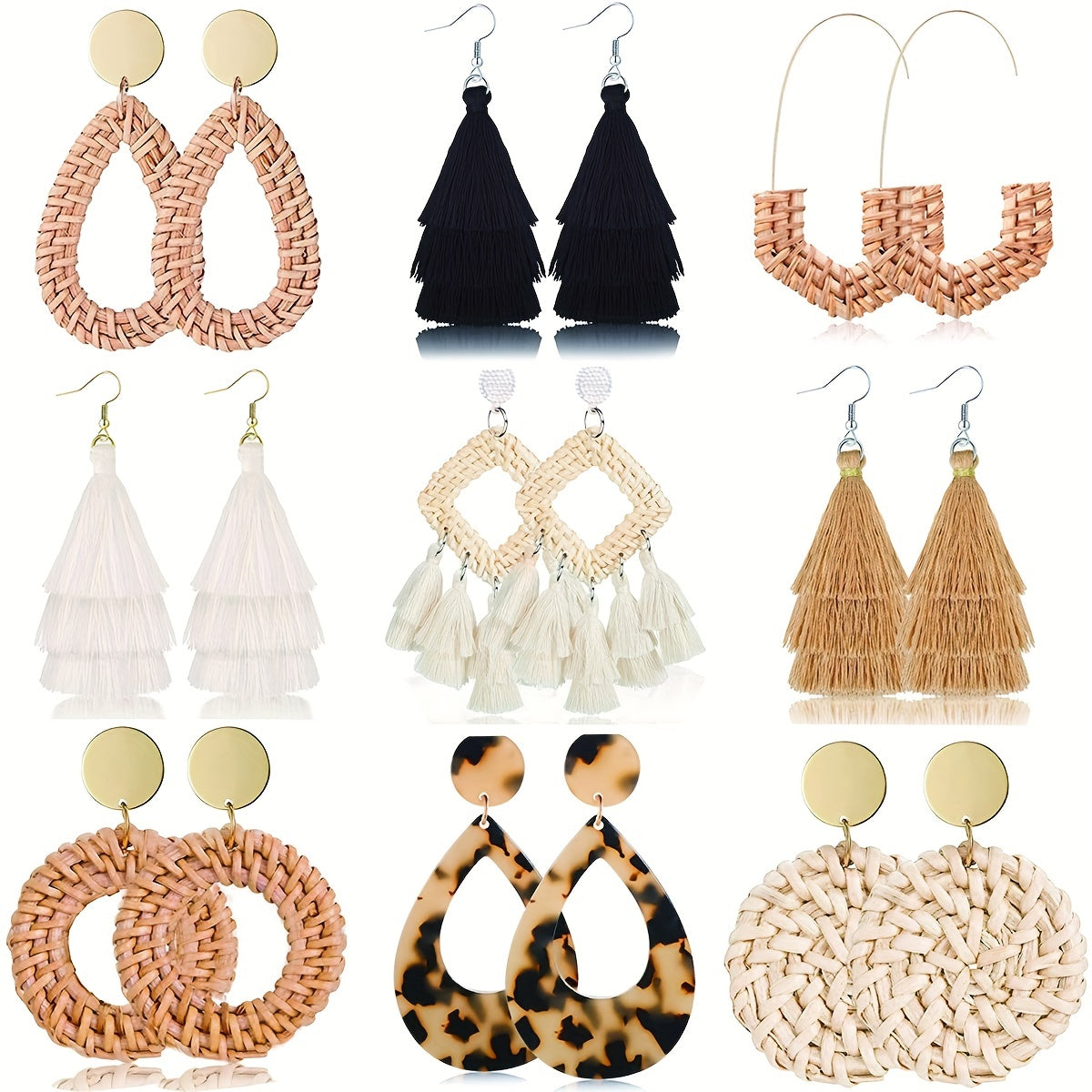 Rattan Tassel Earrings Set Bohemian Style Dangle Stud Earrings
