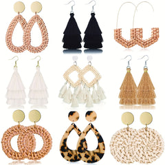 Rattan Tassel Earrings Set Bohemian Style Dangle Stud Earrings
