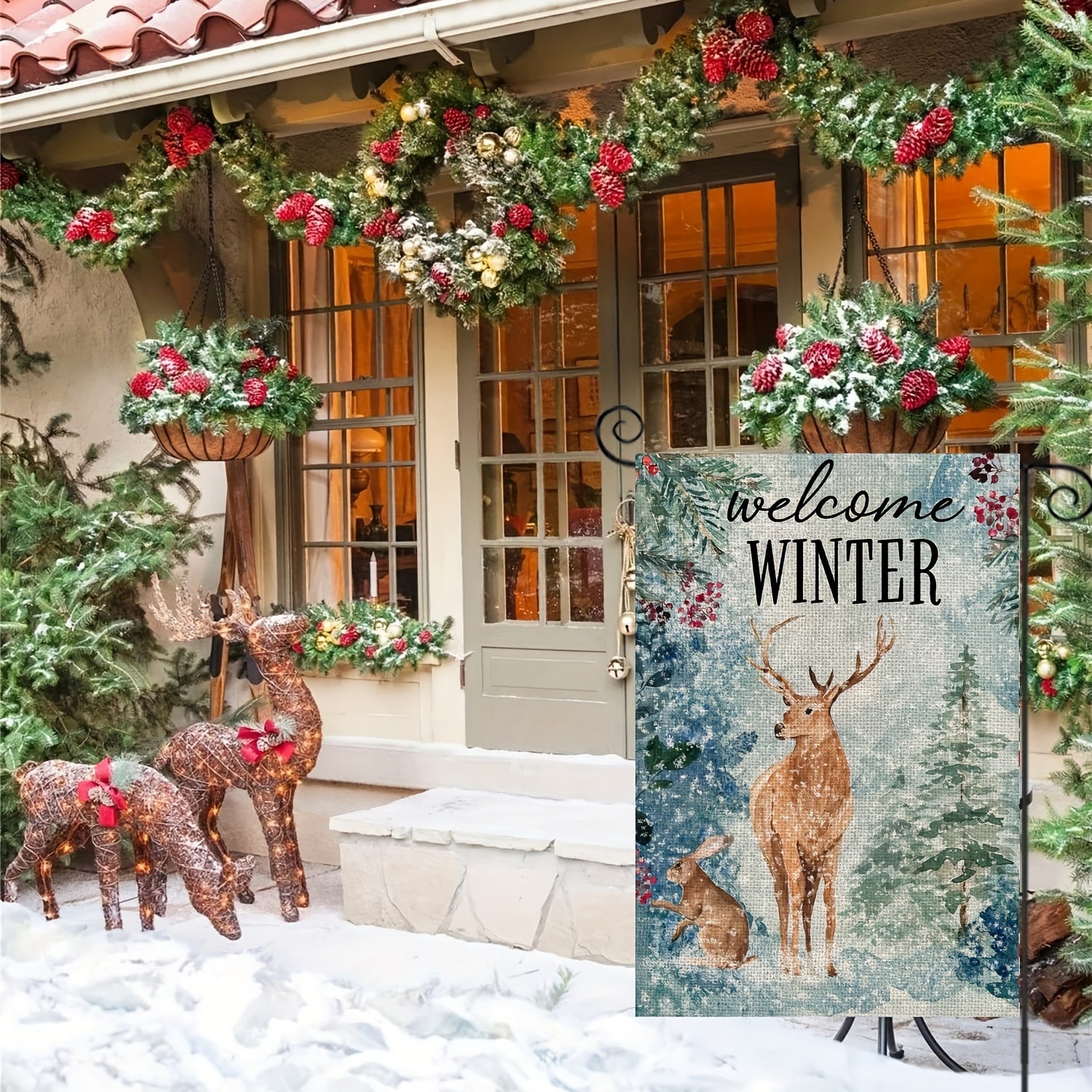Winter Garden Flag Christmas Reindeer And Rabbit Small Yard Flag