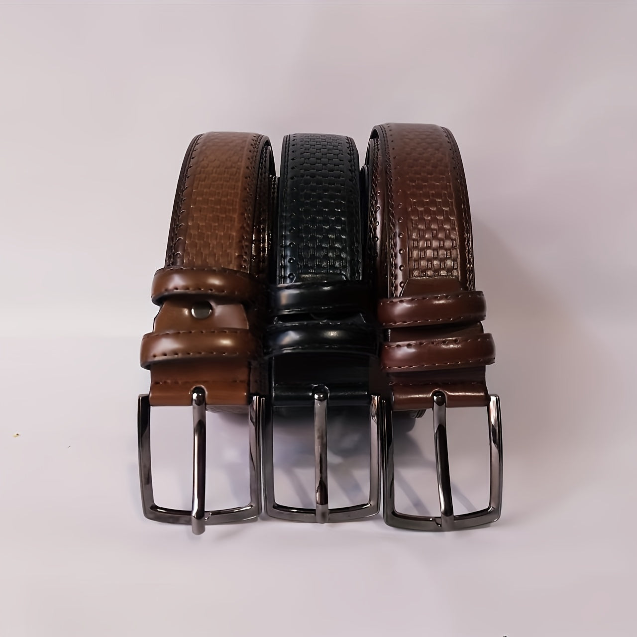 Men's Plaid Leather Belt Pin Buckle Casual Waist Strap
