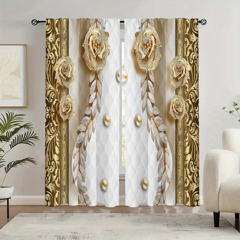 Marble Floral Printed Rod Pocket Curtains - Set of 2