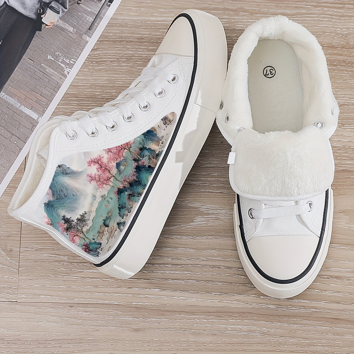 Chinese Landscape Print Plush Lined Thermal Canvas Sneakers