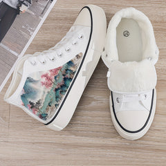 Chinese Landscape Print Plush Lined Thermal Canvas Sneakers