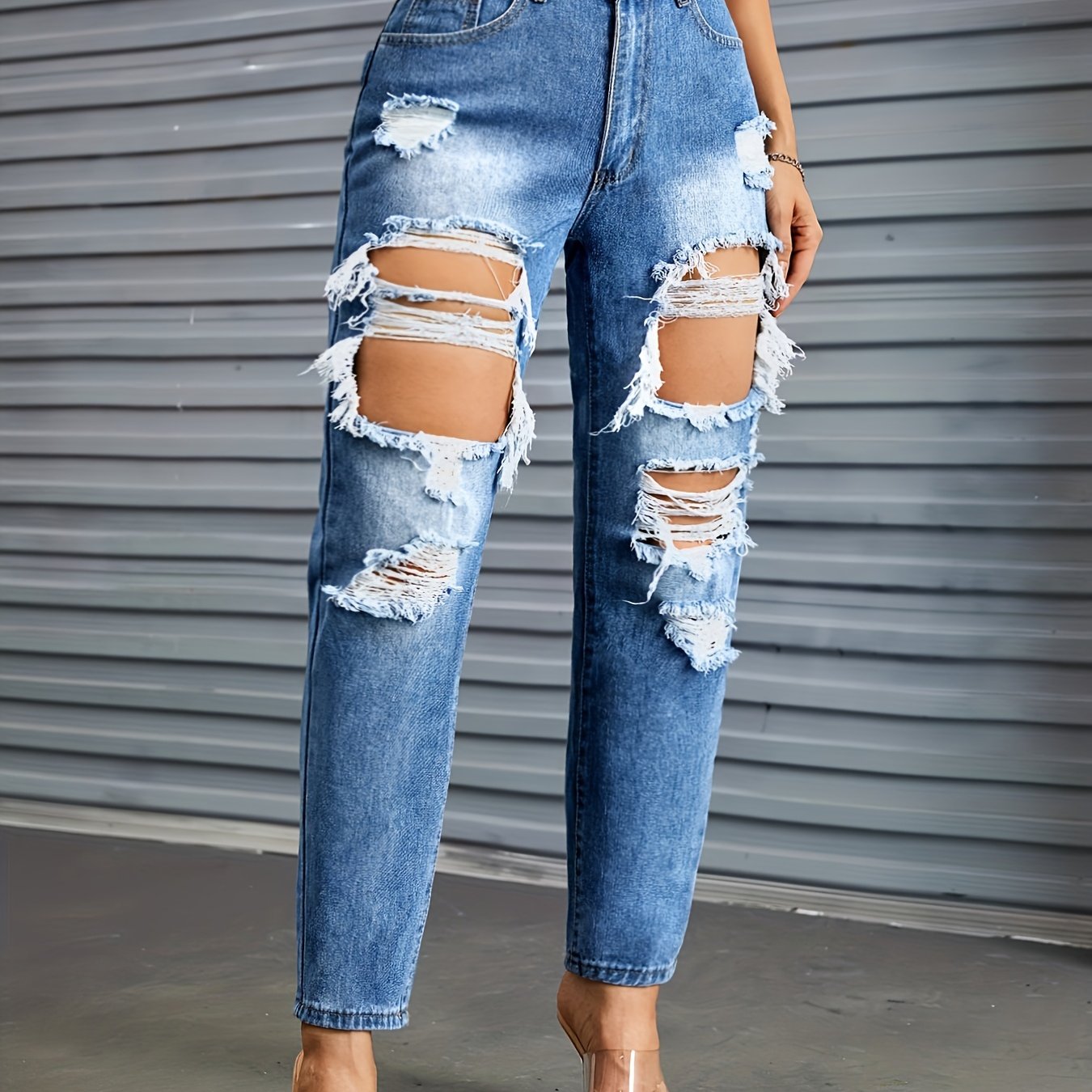 High Waist Distressed Straight Jeans
