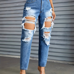 High Waist Distressed Straight Jeans