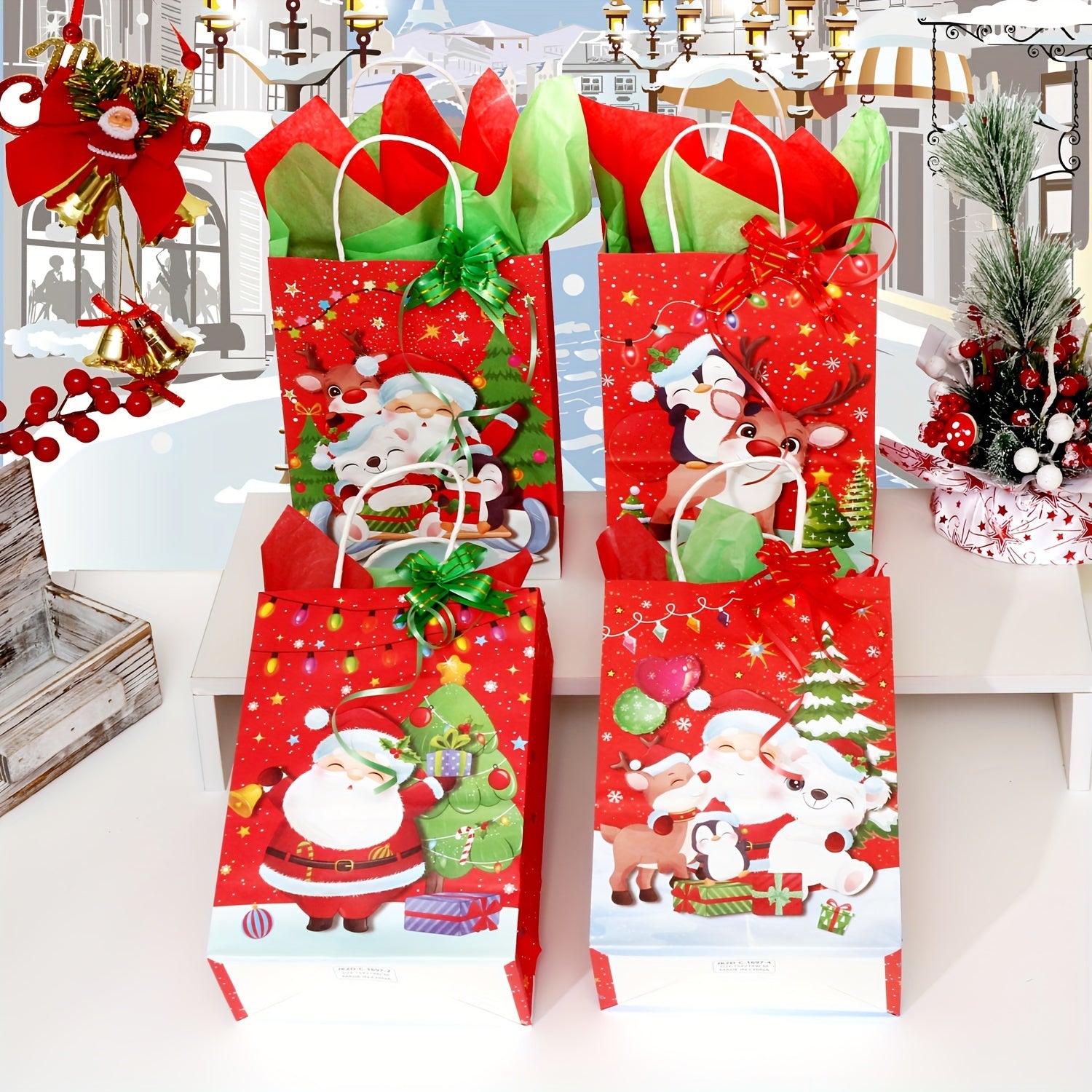 4pcs Christmas Merry Theme Gift Bag Set Small Size with 8 Large Paper Wrappers