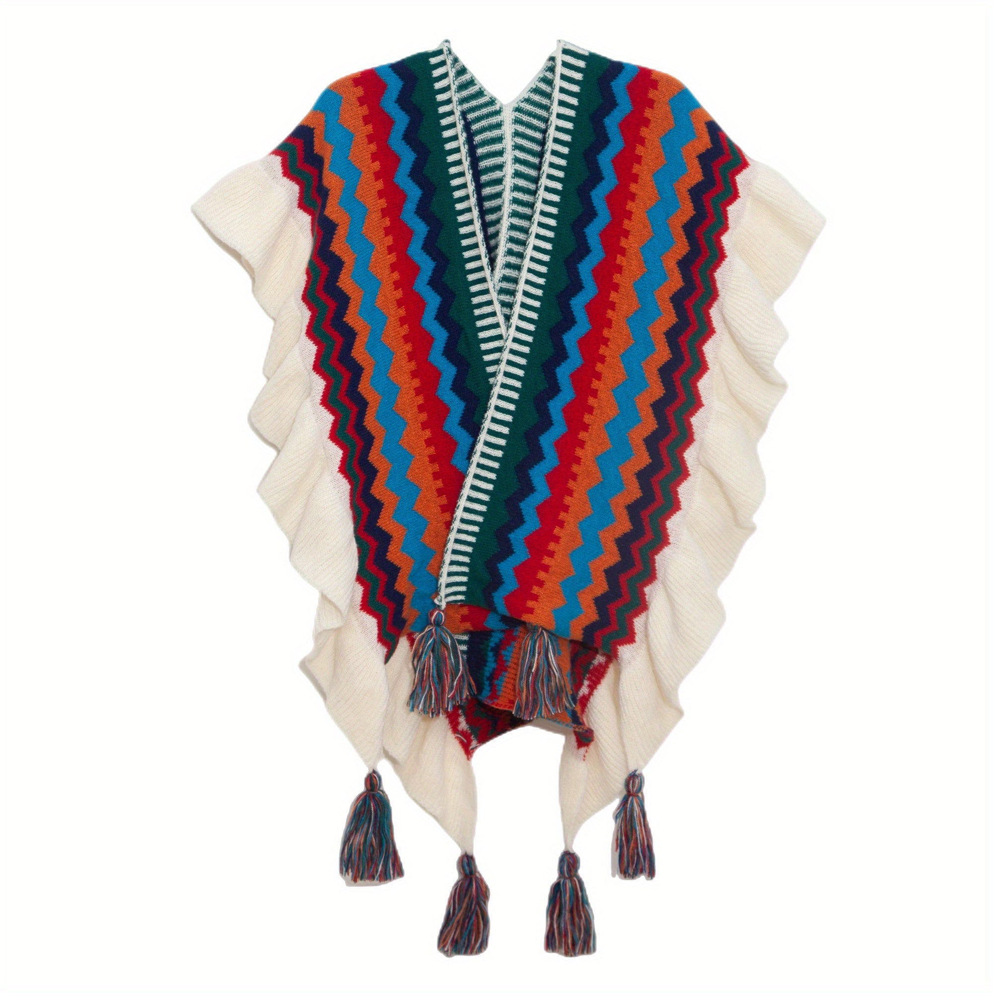 Boho Striped Large Shawl Classic Tassel Wrap Cape Ruffles Cardigan
