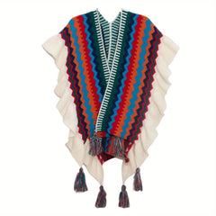 Boho Striped Large Shawl Classic Tassel Wrap Cape Ruffles Cardigan