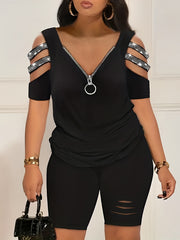 Rhinestone Zipper Neck T Shirt & Ripped Shorts Set