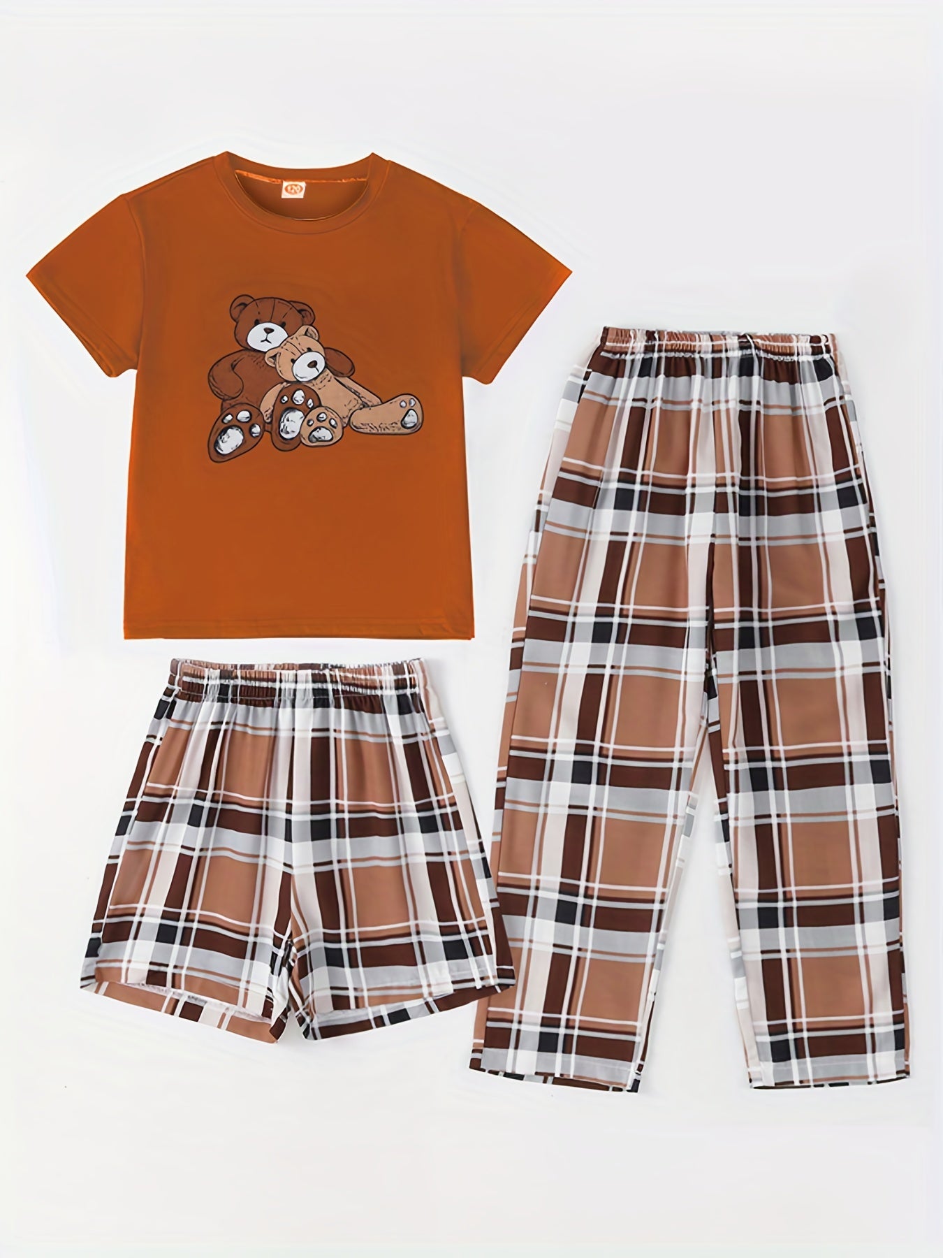 Girls Bear Graphic Pajamas Set, Crew Neck T-Shirt & Plaid Shorts