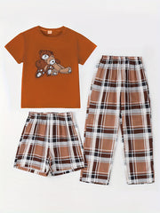 Girls Bear Graphic Pajamas Set, Crew Neck T-Shirt & Plaid Shorts