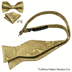 Barry Wang Bow Tie Set Golden Jacquard Floral Self-Tie Bowtie Pocket Square Cuff