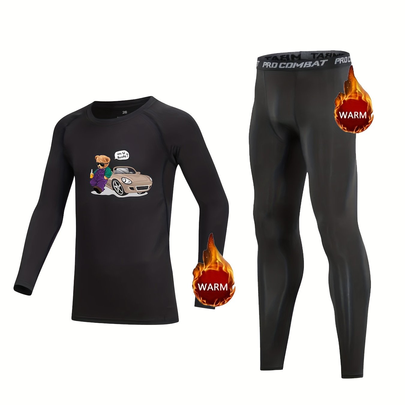 Kids Bear Pattern Fleece Set - Crew Neck Pullover, Elastic Waist Pants