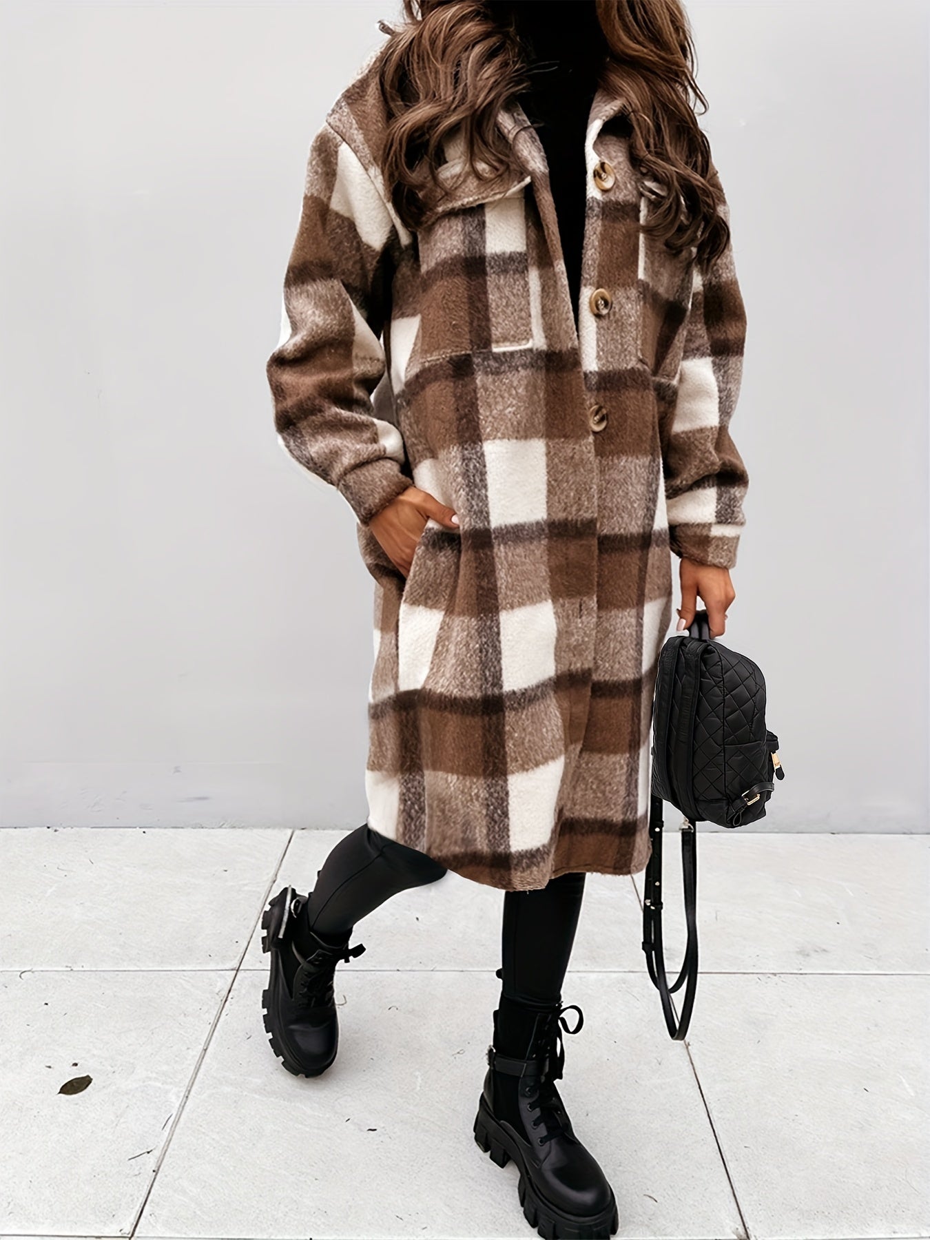 Women's Plaid Brushed Mid Length Loose Jacket