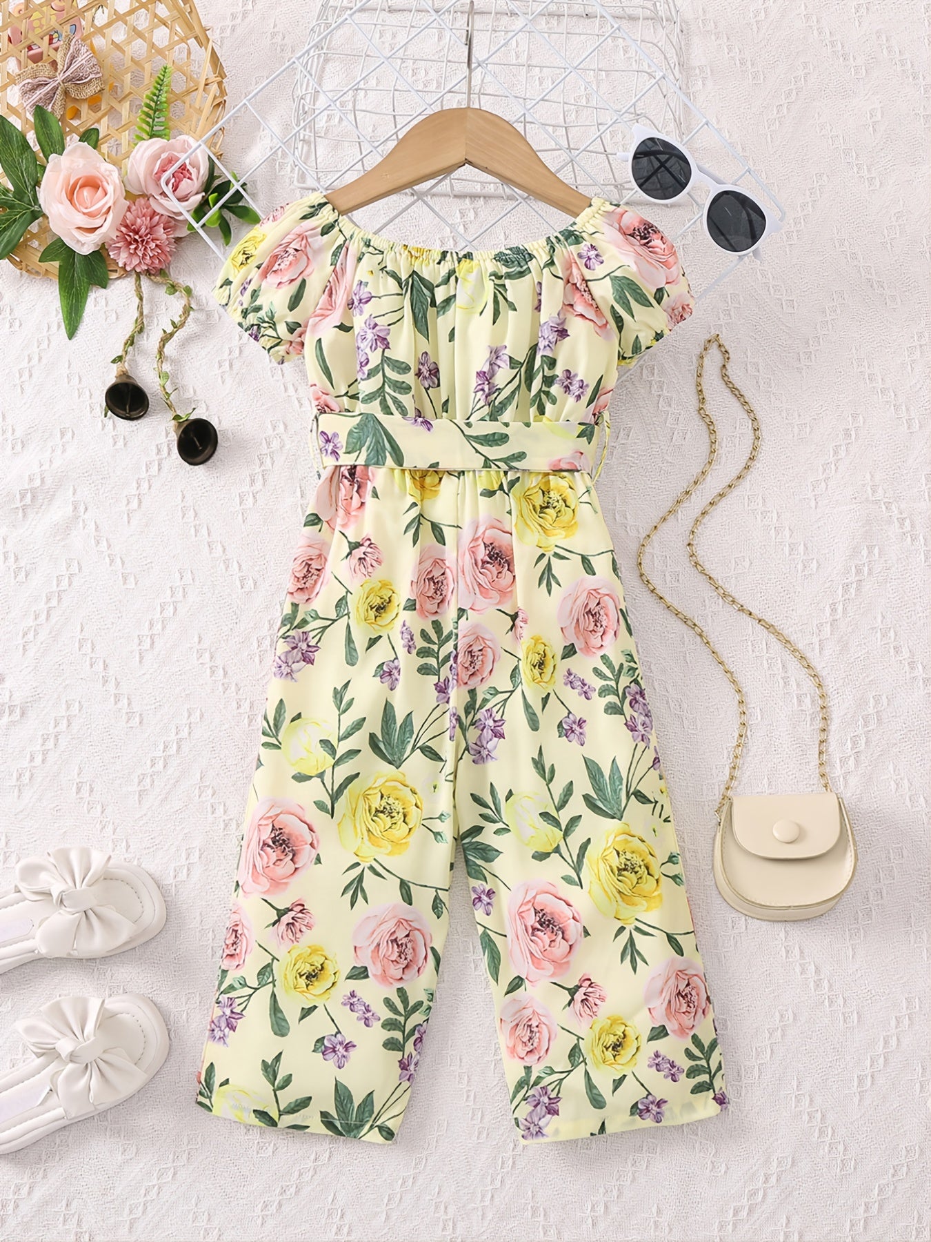 Girls Tropical Floral Off Shoulder Bodysuit With Belt