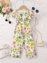 Girls Tropical Floral Off Shoulder Bodysuit With Belt