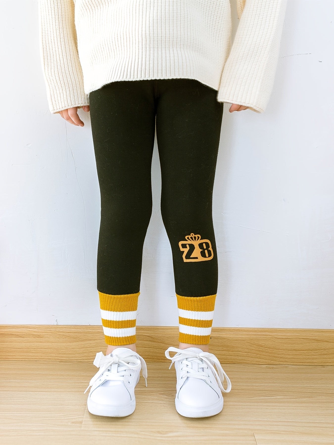 Girls Soft Fleece Leggings Footless Tights Number Print Striped Pants